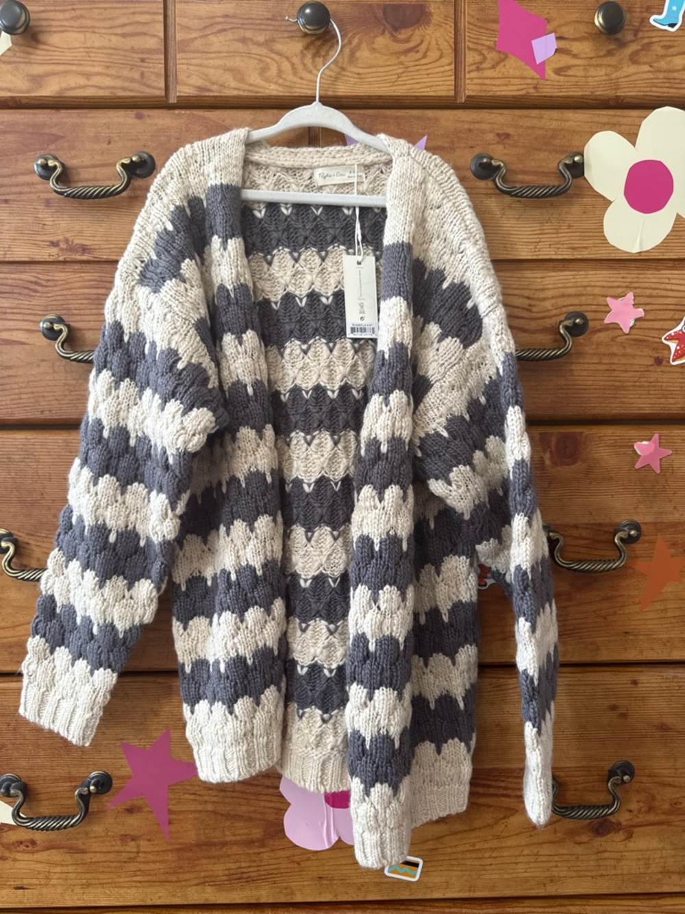 Rylee + Cru Chunky Open-Front Cardigan in Cream & Gray Stripe